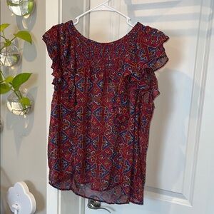 Anthropologie Red and Blue Patterned Blouse